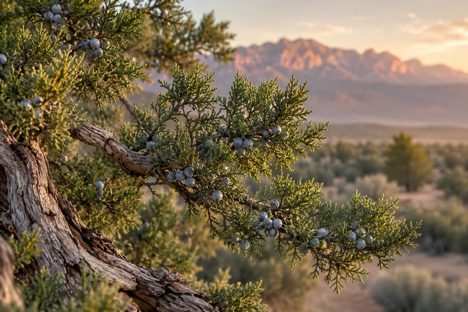 Warm sunlight on juniper branches